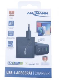 Ansmann Usb Power Supplies - Hc365pd 1001-0150 Gan Charger 65w 2x Usb-c 1x Usb-a Pd Qc Pps With Display