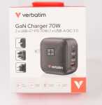 Verbatim Usb Power Supplies - 32229 Gan Charger 70w 2x Usb-c 1x Usb-a Pd Qc Pps Mini