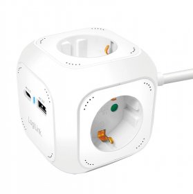 Logilink Three-way Trailing Socket - Lps283u 4-way Socket Cube With 1x Usb-a + 1x Usb-c Pd